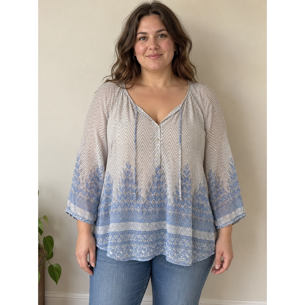 Lucky Brand Womens XL Blue Grey Chevron Floral Boho Peasant Blouse Top